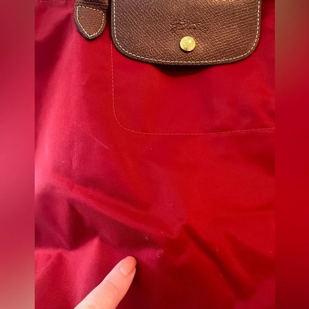 Longchamp Nylon Tote in Red with Brown Trim